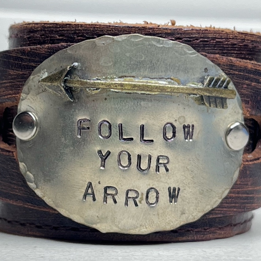 Boho Hand Stamped Metal Plate Follow Your Arrow Leather Cuff Bracelet - Picture 2 of 7